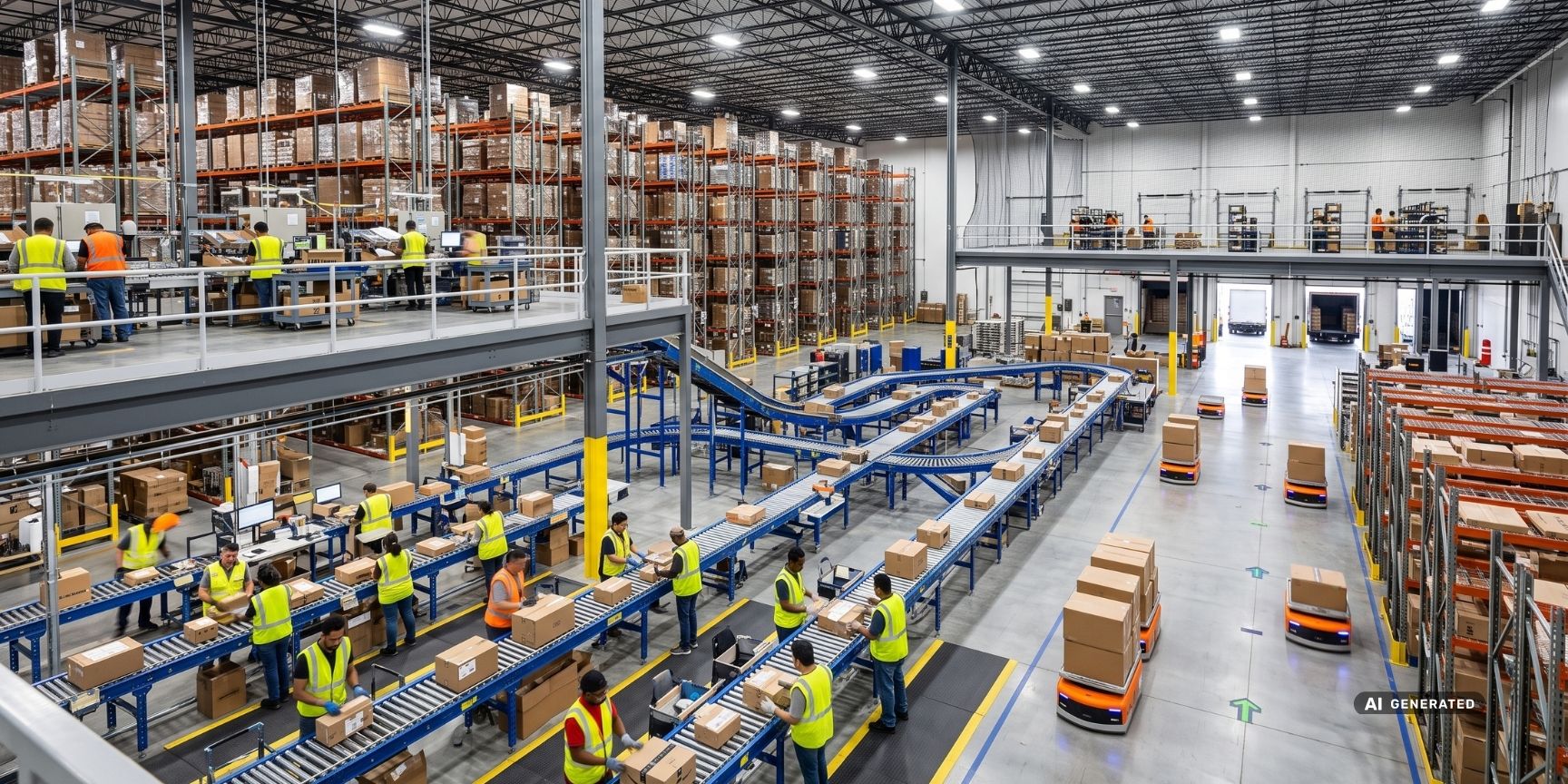Innenansicht einer mehrstöckigen Cross-Border-Logistikhalle. Mitarbeiter und Roboter nutzen Fördertechnik und Mezzanine-Ebenen für schnelles Packing.
